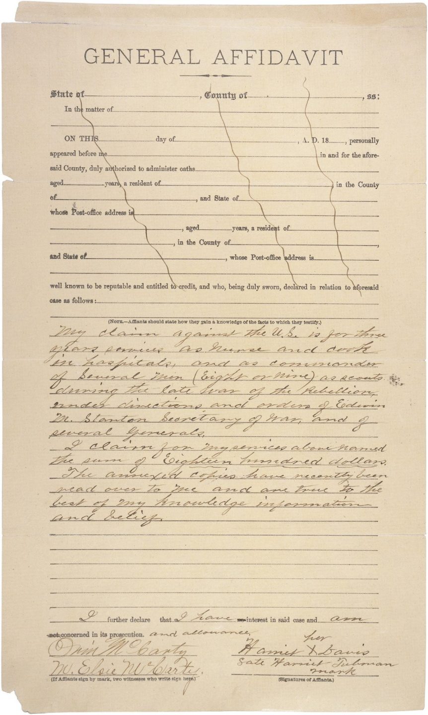 Page 1 of General Affidavit of Harriet Tubman Davis regarding payment for services rendered during the Civil War, c. 1898, RG 233, Records of the U.S. House of Representatives, National Archives